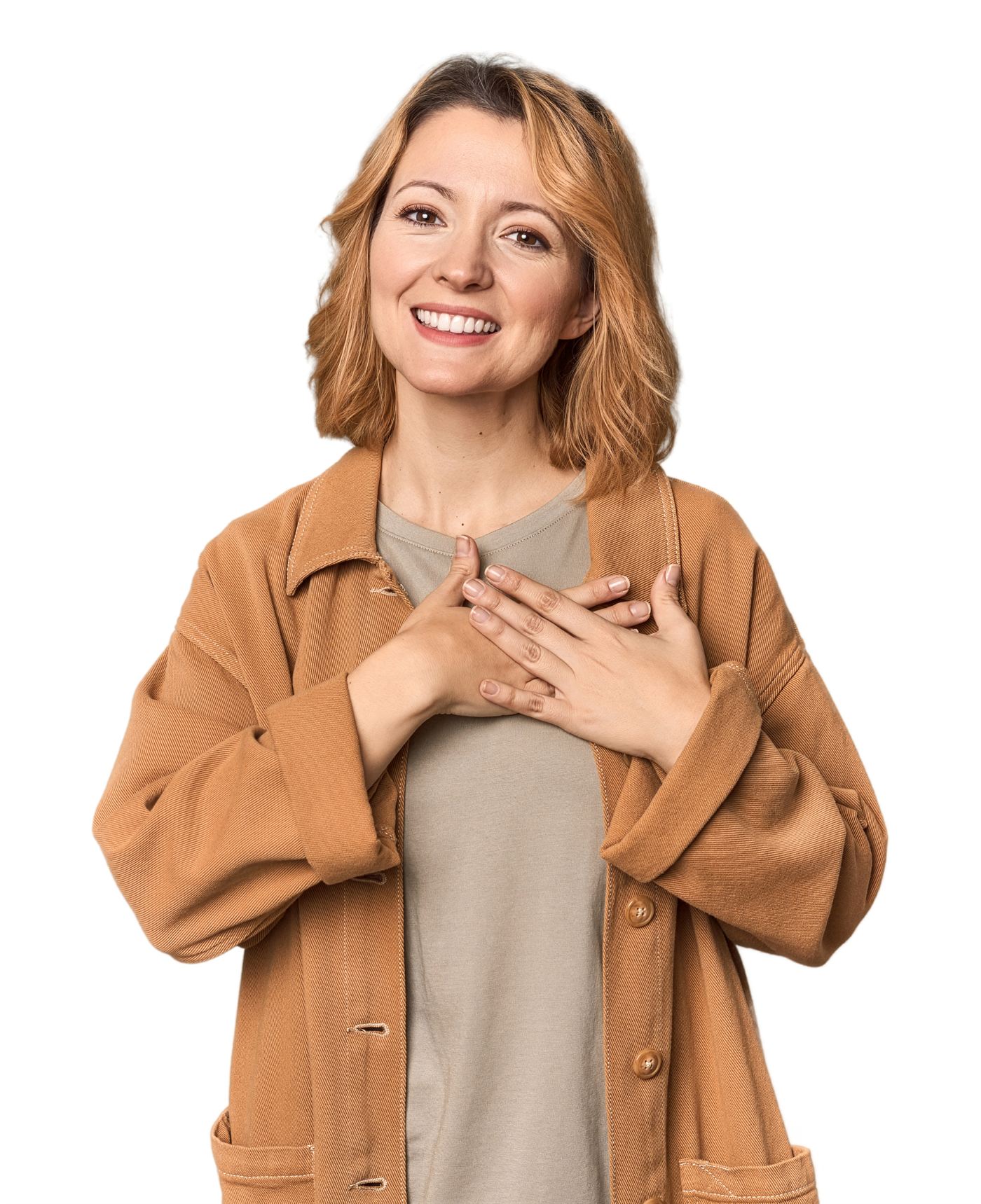 A warm woman with her hands over her heart, welcoming you in